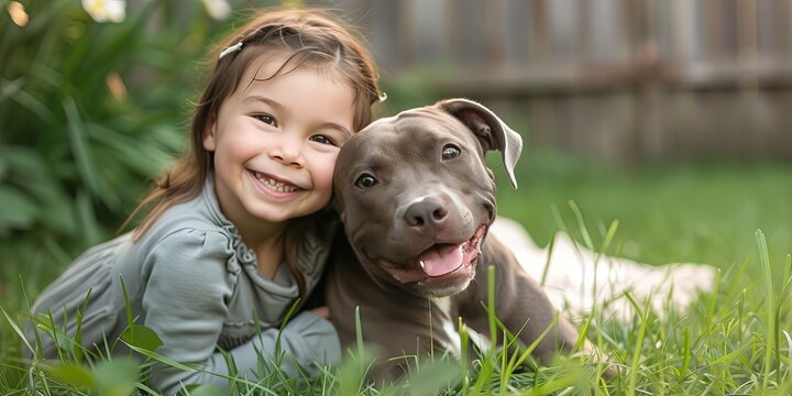 Little girl playing with her pit-bull dog in the yard. Happy lifestyle family image of loving pet and child