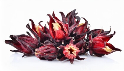 dried hibiscus sabdariffa or roselle fruits on white