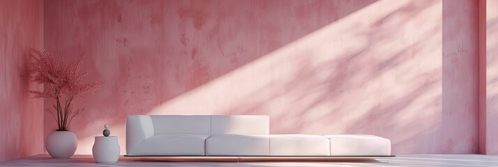 Pink marble wall with window and potted plant. Mockup template for product placement