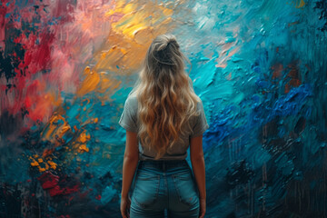 A woman artist passionately painting on a canvas, expressing her creativity and emotions through vibrant strokes of color. Concept of artistic inspiration. Generative Ai.