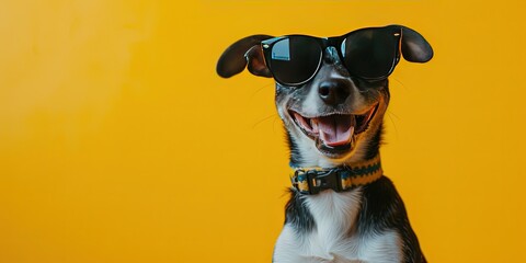 Dog wearing sunglasses. Happy and cool, ready to bring the rizz on a colorful background vacation. - obrazy, fototapety, plakaty