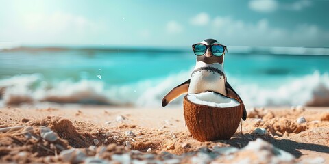 Penguin wearing sunglasses and drinking from coconut on the tropical beach vacation. Spring break and summer vacation concept