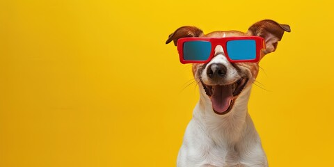 Dog wearing sunglasses. Happy and cool, ready to bring the rizz on a colorful background vacation. - obrazy, fototapety, plakaty