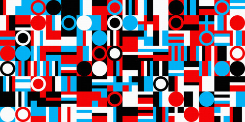 Retro geometric shapes, abstract art background. Circles, squares, rectangles and lines. Sandstone textures. White, red , cyan and black colors. Template for your poster, cover, flyer, packaging
