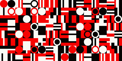 Geometric shapes, abstract art background. Circles, squares, rectangles and lines. White, red and black colors. Sandstone textures. Template for your poster, cover, flyer