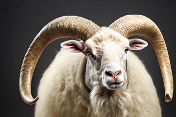 A ram, a horned male, looks into the chamber. A big horned sheep. Created by artificial intelligence.