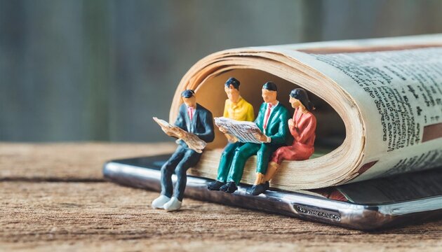 group of miniature figures sitting and reading a book and newspaper on smart phone on wooden table