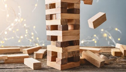 jenga tower made of wooden blocks falling on white background - obrazy, fototapety, plakaty
