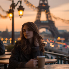 Junge Frau sitzt mit einem Kaffee in Paris or dem Eiffelturm