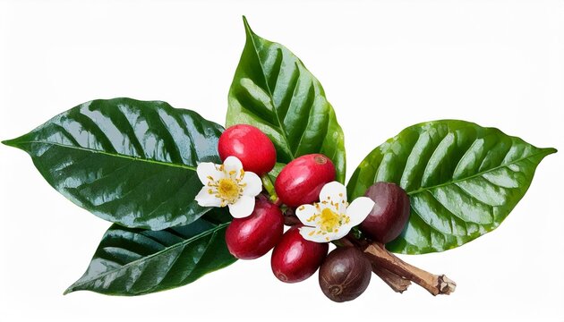 coffee branch with leaves flowers and red coffee beans in a hand drawn style illustration cut out transparent isolated on white background png file