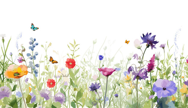 Watercolor floral seamless border ??" Wildflowers: summer flower, blossom, poppies, chamomile, dandelions, cornflowers, lavender, violet, bluebell, clover, buttercup, butterfly.
