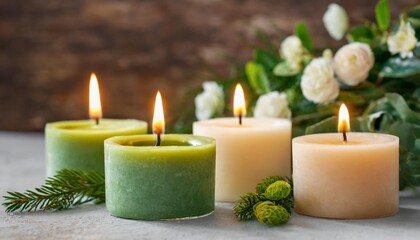 burning candles in green and beige colors