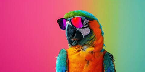 Parrot (Macaw) wearing sunglasses on colorful background for summer vacation concept