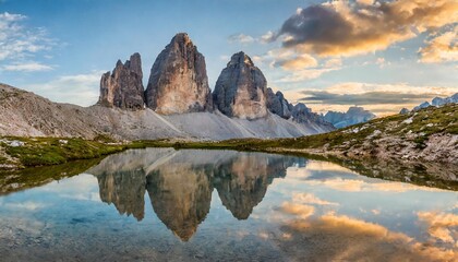 tre cime di lavaredo with reflection in lake at sundown dolomites alps - obrazy, fototapety, plakaty