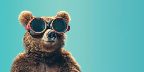 Happy grizzly bear wearing virtual reality VR headset isolated on solid background with blank copy space for technology, metaverse, and extended reality concept. - obrazy, fototapety, plakaty
