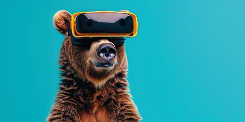 Happy grizzly bear wearing virtual reality VR headset isolated on solid background with blank copy space for technology, metaverse, and extended reality concept. - obrazy, fototapety, plakaty