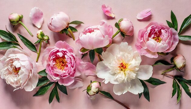 many delicate tender pink big and small open and closed peony flowers and buds levitating on seamless pink surface top view image