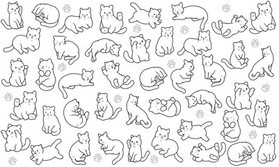 Fototapeta na wymiar Background with kitties. Drawn cats in different poses. Funny cats drawn with lines. Lots of cats. Background for pet lovers. Black and white illustration with kittens for veterinary clinics. 