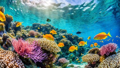 Naklejka na ściany i meble mesmerizing world of underwater wonders with a vivid scene showcasing tropical sea life colorful fishes and intricate coral reefs