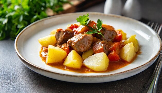 meat and potato stew on plate