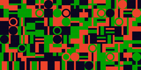 Retro geometric shapes, abstract art background. Circles, squares, rectangles and lines.  Orange, green and dark blue colors.  Sandstone textures. Template for your poster, cover, flyer