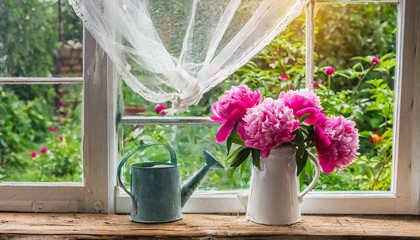 white window with mosquito net in a rustic wooden house overlooking the garden bouquet of pink peonies in watering can on the windowsill
