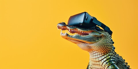 Happy alligator wearing virtual reality VR headset isolated on solid background with blank copy space for technology, metaverse, and extended reality concept.
