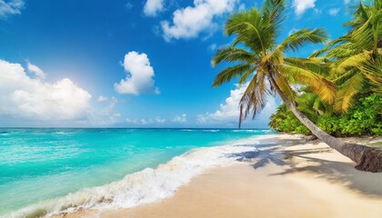 Obraz premium sunny tropical caribbean beach with palm trees and turquoise water caribbean island vacation hot summer day