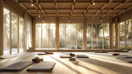 Serene yoga studio featuring soothing natural elements and tranquil colors, fostering mindfulness and relaxation.