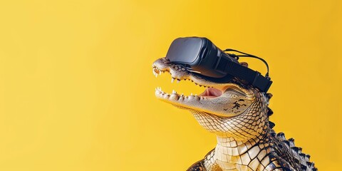 Happy alligator wearing virtual reality VR headset isolated on solid background with blank copy space for technology, metaverse, and extended reality concept. - obrazy, fototapety, plakaty