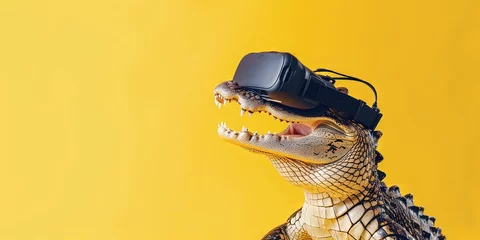 Foto op Canvas Happy alligator wearing virtual reality VR headset isolated on solid background with blank copy space for technology, metaverse, and extended reality concept. © Brian