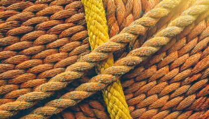 ropes weave texture in orange color with yellow line cut through closeup of rope texture abstract background concept for connection cooperation cohesion teamwork and working well together