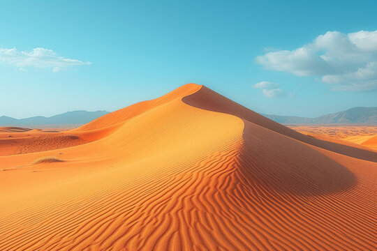 A minimalist desert landscape, featuring vast sand dunes under a clear blue sky, embodying simplicity and the stark beauty of arid environments. Concept of minimalist natural beauty. Generative Ai.