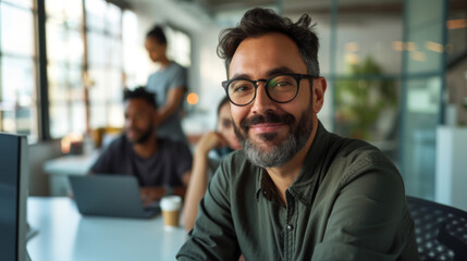 A smiling man with glasses is sitting in a casual office setting, exuding confidence and satisfaction.