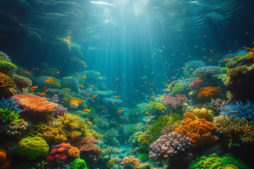 Fototapeta na wymiar An underwater coral reef scene, teeming with diverse marine life and coral formations, illustrating the importance of marine conservation. Concept of underwater biodiversity. Generative Ai.