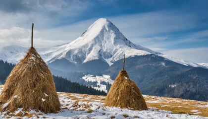 snowy mountain peak at carpathian mountains pair of haystacks on foreground ukraine - obrazy, fototapety, plakaty