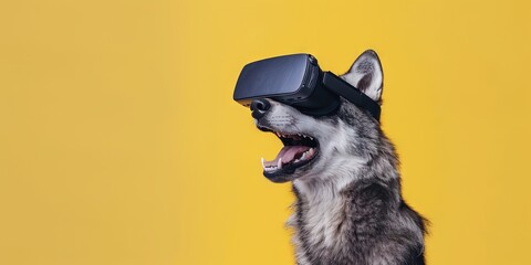 Happy wolf wearing virtual reality VR headset isolated on solid background with blank copy space for technology, metaverse, and extended reality concept.