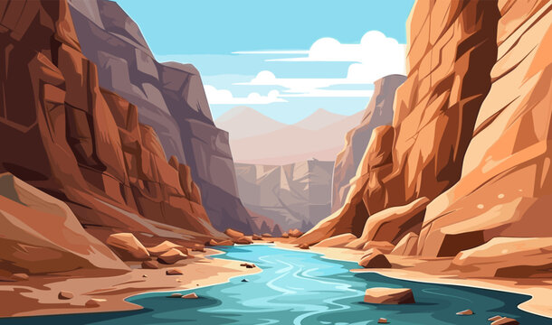 A Canyon With A River Vector Simple 3d Smooth Cut Isolated Illustration