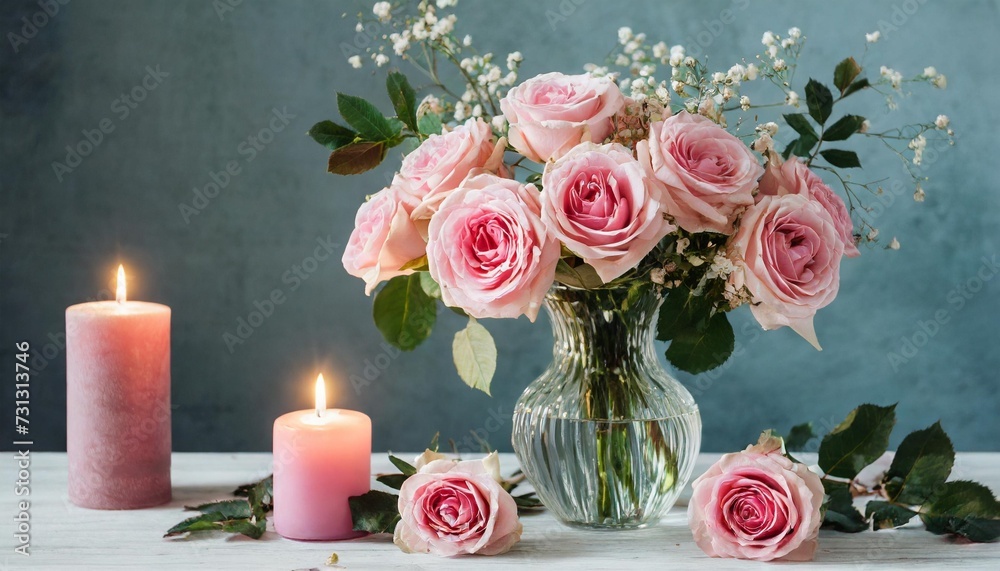 Canvas Prints beautiful tender pink colored english roses in a vase standing on the table with pink glass candle holder and some tree branches on the side