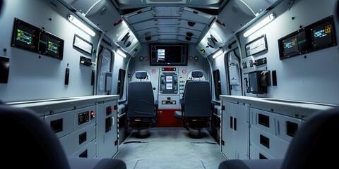 Interior of a high-tech van for FBI surveillance, police, and news van purposes. Concept design filled with electronics and monitoring equipment to serve as mobile base - obrazy, fototapety, plakaty