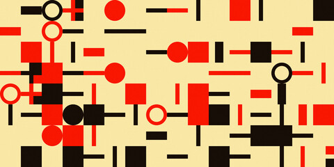 Geometric abstract background, creative composition. Circles, squares, rectangles and lines. Red, black and light yellow colors. Sandstone textures. Template for your poster, cover, flyer