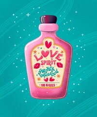 Valentine pink bottle with hand lettering love spirit. Cute festive romantic illustration. Bright colorful pink and blue greeting card. - 731314330