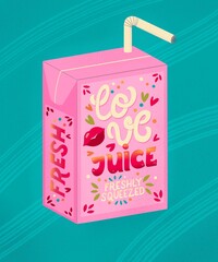 Pink Valentine juice box with hand lettering love juice. Cute festive romantic holiday illustration. Bright colorful pink and blue greeting card.