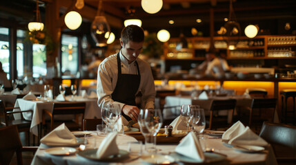 A diligent server meticulously arranges tables, adorning them with elegant tablecloths and stylish centerpieces, before a bustling evening at a trendy restaurant. - obrazy, fototapety, plakaty