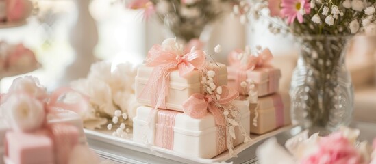 A beautiful table adorned with pink and white gifts and flowers, creating an elegant setting for the event.