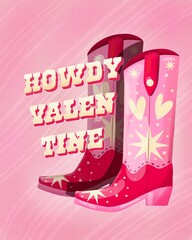 A pair of cowboy boots decorated with hearts and stars and a hand lettering message Howdy Valentine. Romantic colorful hand drawn illustration in bright vibrant colors. Greeting card design. - 731314382