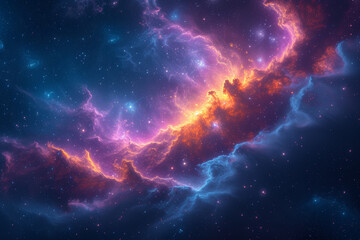 A cosmic nebula illustration, with swirling gas clouds and vibrant colors, representing the birthplaces of stars in the cosmos. Concept of stellar creation. Generative Ai.