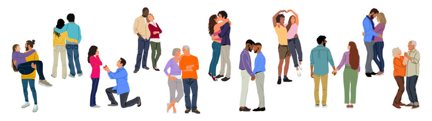 Set of different couples in love, young people, senior couple, homosexual, gay couple, engagement, marriage proposal, African American, multiracial couples. Vector illustration, transparent background