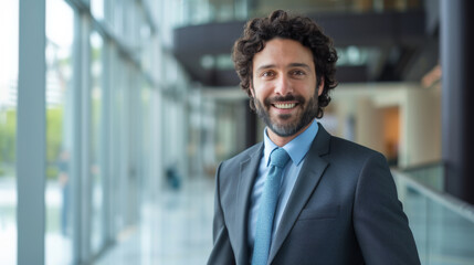 Fototapeta premium A cheerful man in a suit and tie stands confidently in an office environment, exuding professionalism and happiness.