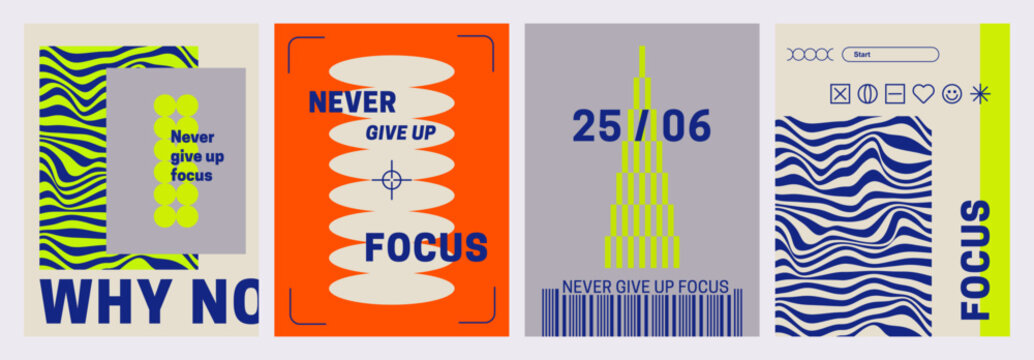 Set of Fluorized posters for events, trendy retro futuristic brutalism style, geometric shapes, wave pattern, neon colors. Rave music party of flyer design templates. Asymmetrical composition